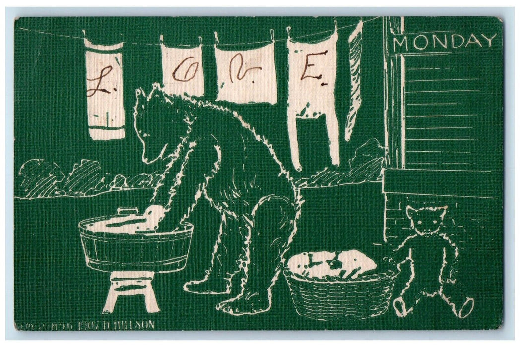 1907 Bear Hanging Laundry Basket Elgin Illinois IL Posted Antique Postcard