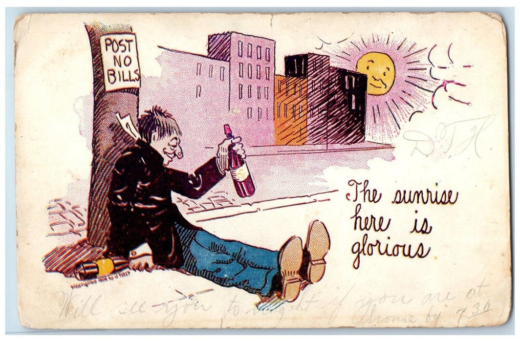 c1905 Drunk Man Sunrise Post No Bill Sign Hand Cancel Embossed Antique Postcard