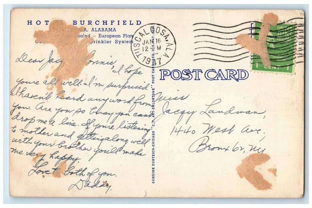 1947 Hotel Burchfield Tuscaloosa Alabama AL Vintage Posted Postcard