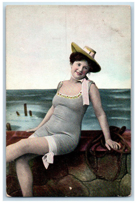 c1910's Pretty Woman Scarf Hat At The Beach Rope Unposted Antique Postcard