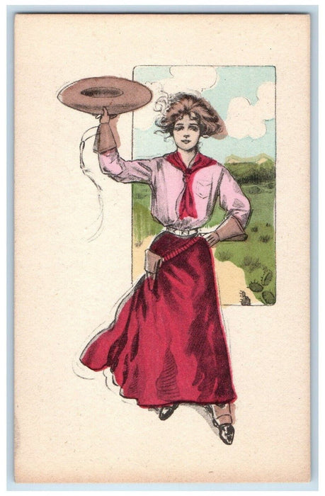 c1910's Pretty Woman Dress Cowgirl Hat Field Unposted Antique Postcard