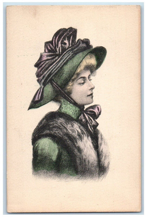 c1910's Pretty Woman Big Hat Ribbon Studio Portrait Unposted Antique Postcard