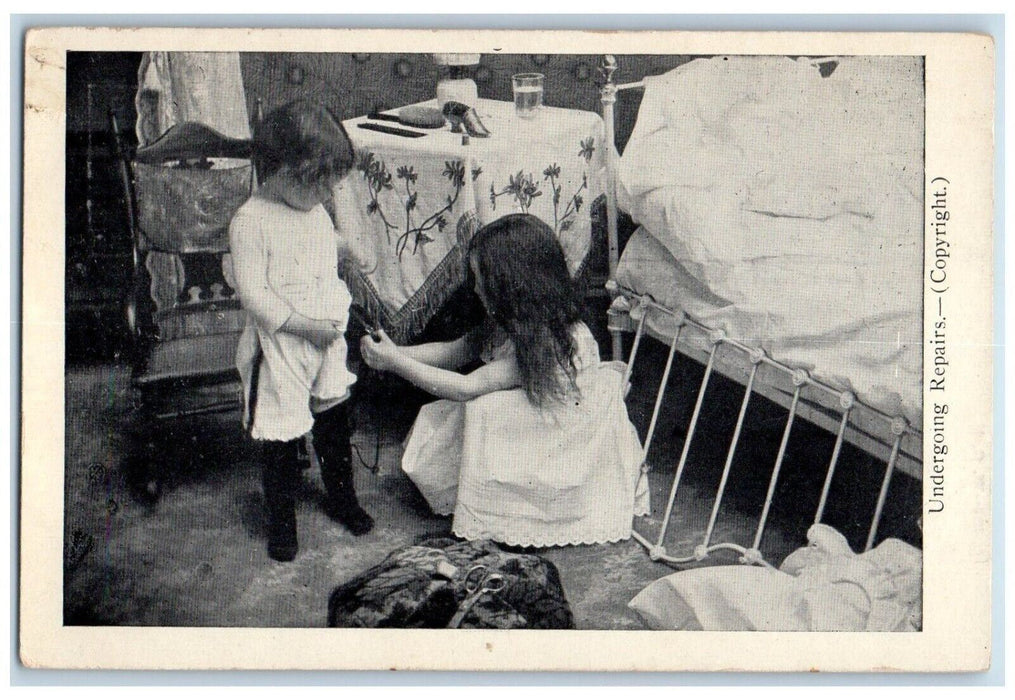 c1910's Children Sewing Table Cloth Glass Of Water Unposted Antique Postcard