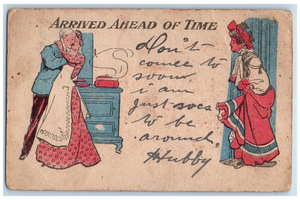 1908 Husband Cheating On Wife Arrived Ahead Of Time Bay City MI Antique Postcard