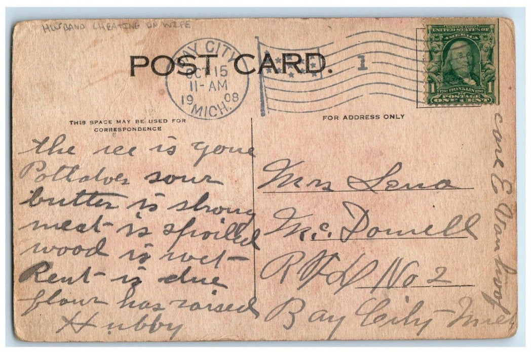 1908 Husband Cheating On Wife Arrived Ahead Of Time Bay City MI Antique Postcard