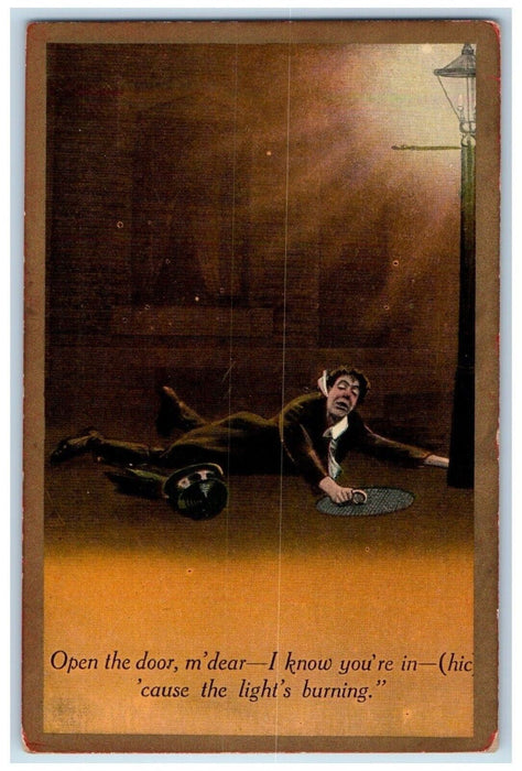 c1910's Drunk Man Lying At The Road Street Light Bamforth Antique Postcard