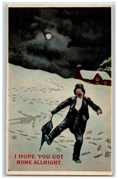 c1910's Drunk Man Footsteps Umbrella Winter Bamforth Unposted Antique Postcard