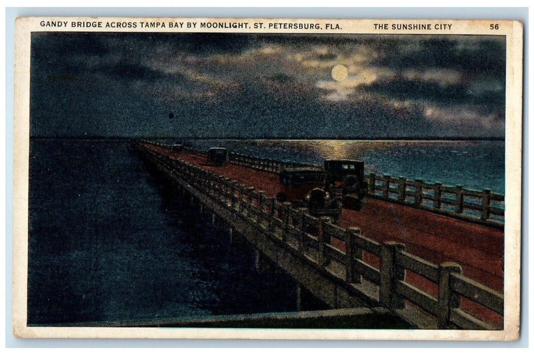 c1920 Gandy Bridge Across Tampa Bay Moonlight Sunshine St Petersburg FL Postcard