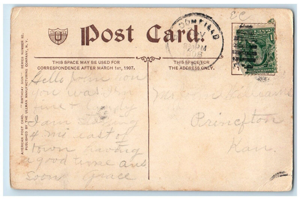 1908 Tuesdays Child Is Full Of Grace Fan Flower Ullman Bloomfield IA Postcard