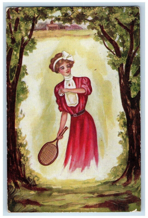 c1910's Pretty Woman Playing Badminton Winsch Back Embossed Antique RPO Postcard
