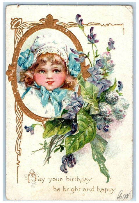 c1910's Birthday Cute Little Girl Flowers Embossed Tuck's Antique Postcard
