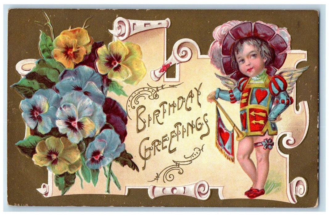 c1910's Birthday Greetings Little Girl Flute Flowers Embossed Antique Postcard