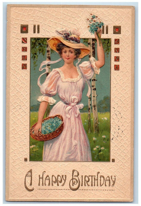 1909 Birthday Greeting Woman Pansies Flowers Art Nouveau Newark OH Postcard