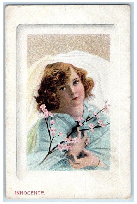 c1910's Beautiful Girl Curly Hair Innocence Flowers Posted Antique Postcard