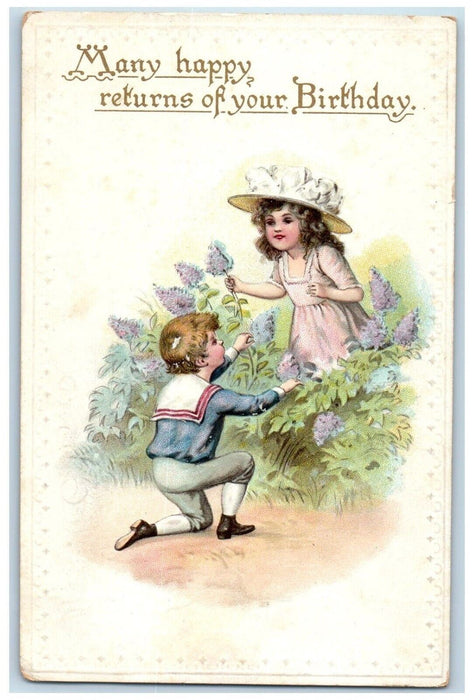 c1910's Birthday Boy Bended Knee Flower Present Embossed Antique Postcard