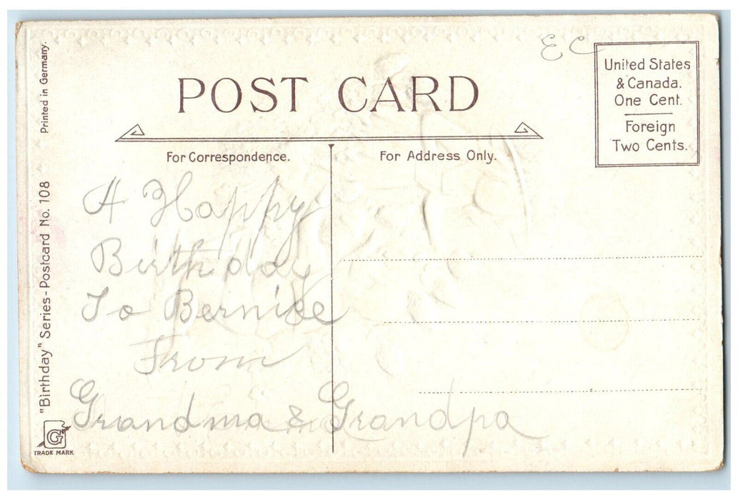 c1910's Birthday Boy Bended Knee Flower Present Embossed Antique Postcard
