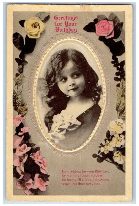 c1910's Birthday Greetings Pretty Little Girl And Flowers Embossed Postcard