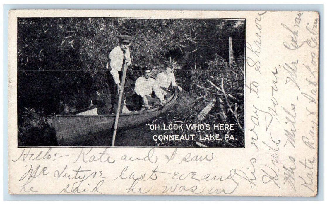 1907 Oh Look Who's Here Boating Conneaut Lake PA Posted Antique Postcard