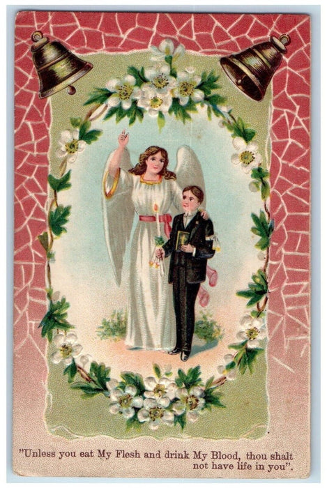 c1910's Confirmation Christian Religious Angel Flowers Bells Embossed Postcard
