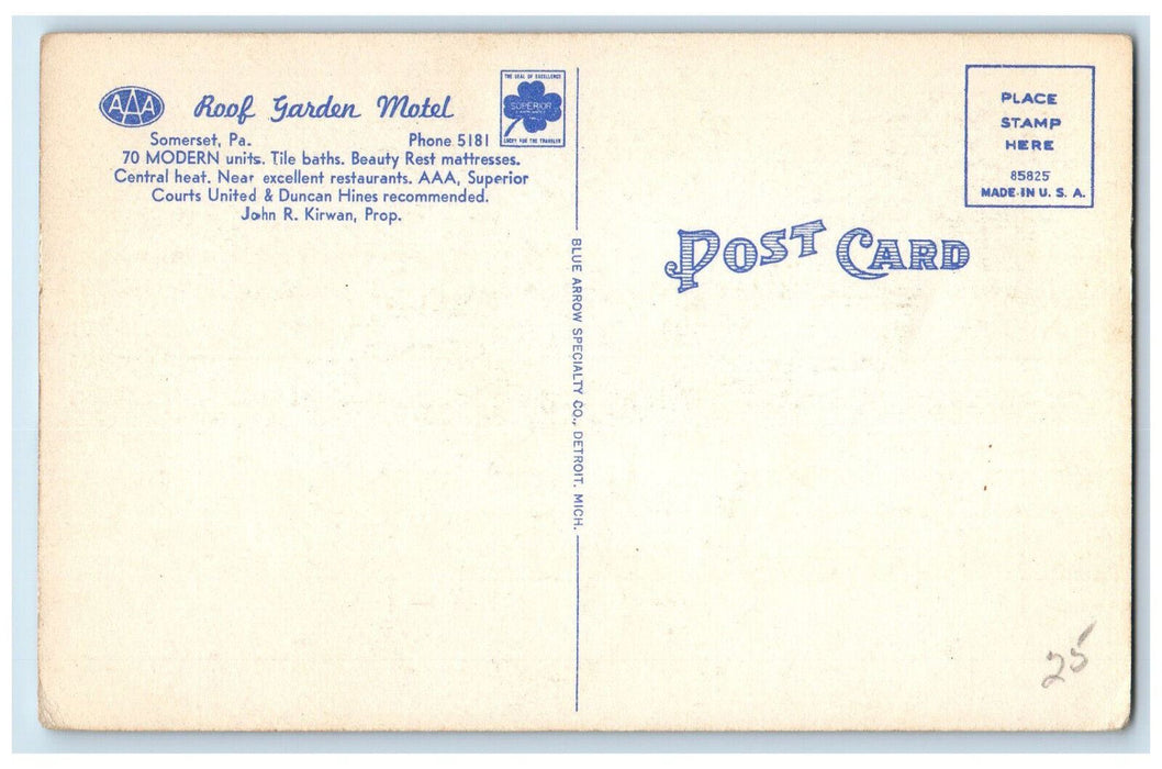 c1950's Roof Garden Motel Somerset Pennsylvania PA Vintage Postcard