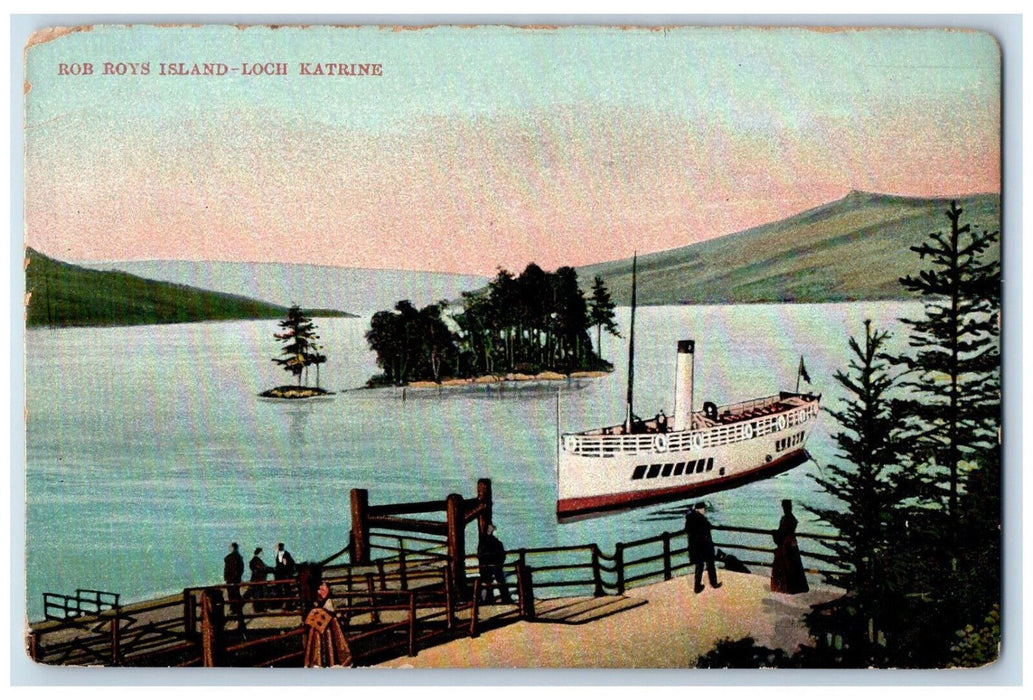 c1910 Steamer Landing Rob Roys Island-Loch Katrine Scotland Postcard