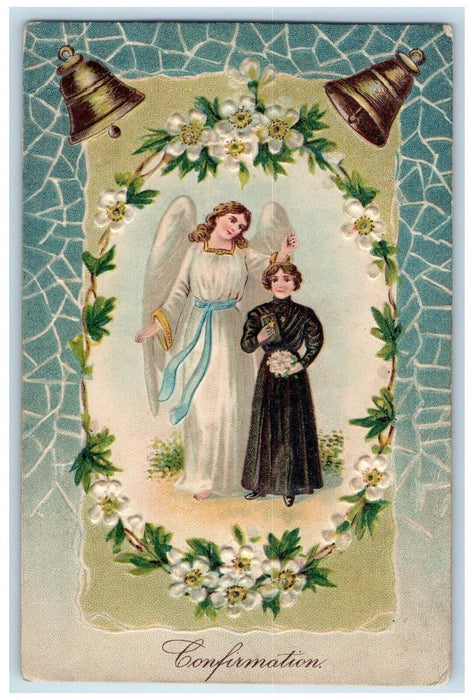 Confirmation Christian Religious Angel White Flowers Bells Embossed Postcard