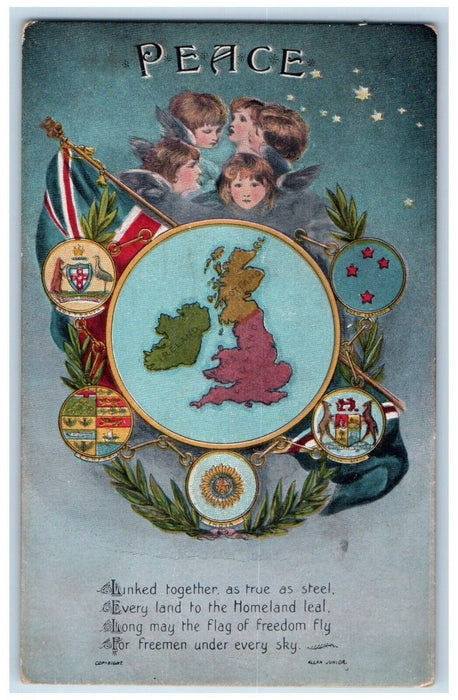 c1910's Angels Heads Map Flag Qoute Allan Junior Unposted Antique Postcard