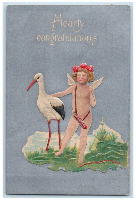c1910's Hearty Congratulation Angel And Stork Embossed Alpine NY Posted Postcard