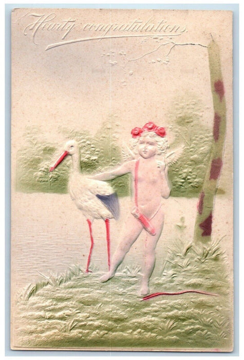 1908 Hearty Congratulations Angel Stork Airbrushed Embossed Romeo MI Postcard