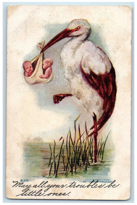 c1910's Stork Delivering Newborn Babies Embossed Unposted Antique Postcard