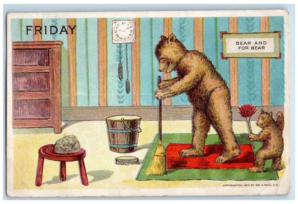 c1910's Anthropomorphic Bear Cleaning House Friday Maybee MI Antique Postcard
