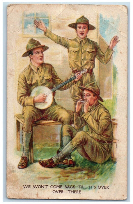 1918 Soldier Military WWI Playing Banjo Archie Gunn Macon MI Antique Postcard