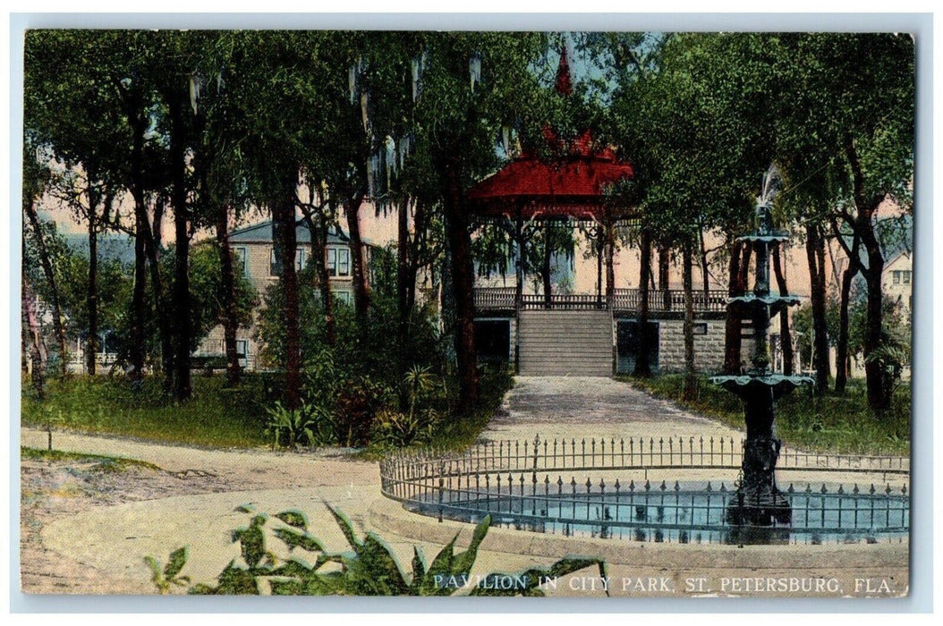 c1910 Pavilion City Park Fountain Gazebo St. Petersburg Florida Vintage Postcard