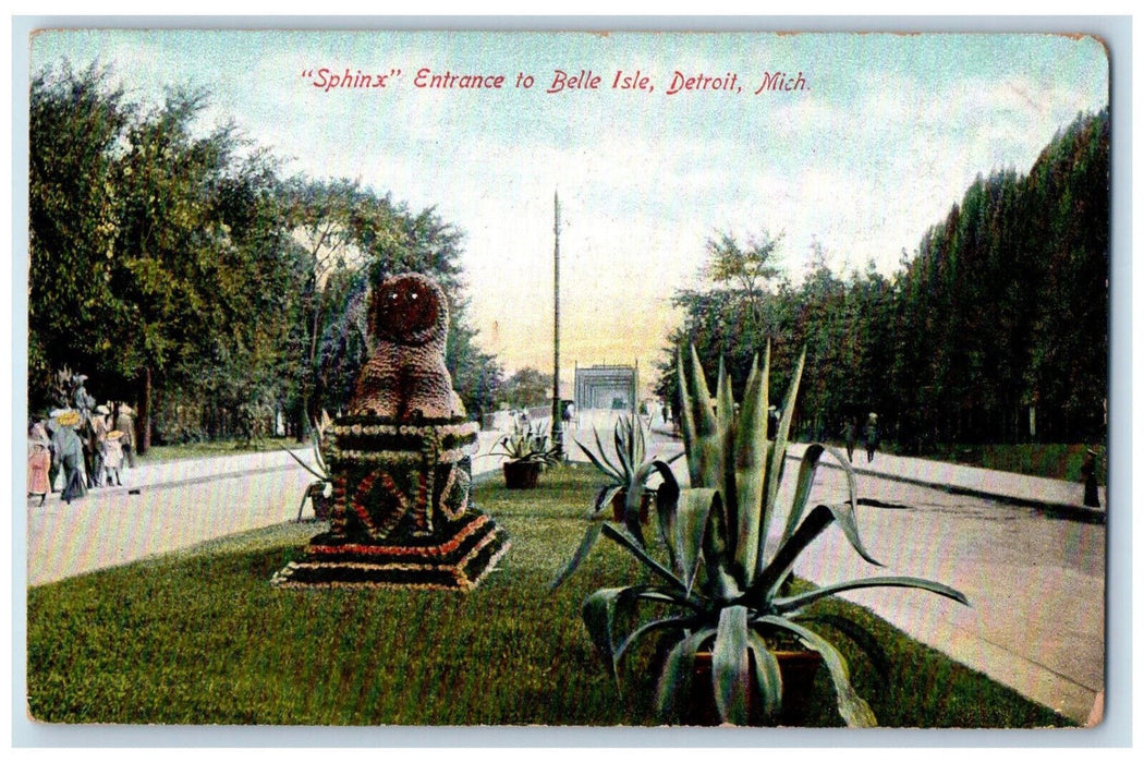 1907 "Sphinx" Entrance to Belle Isle Detroit Michigan MI Antique Posted Postcard