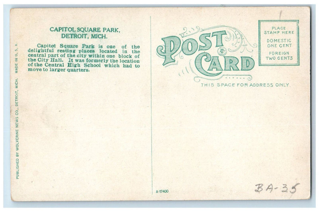 c1910 Scene at Capitol Square Detroit Michigan MI Unposted Antique Postcard