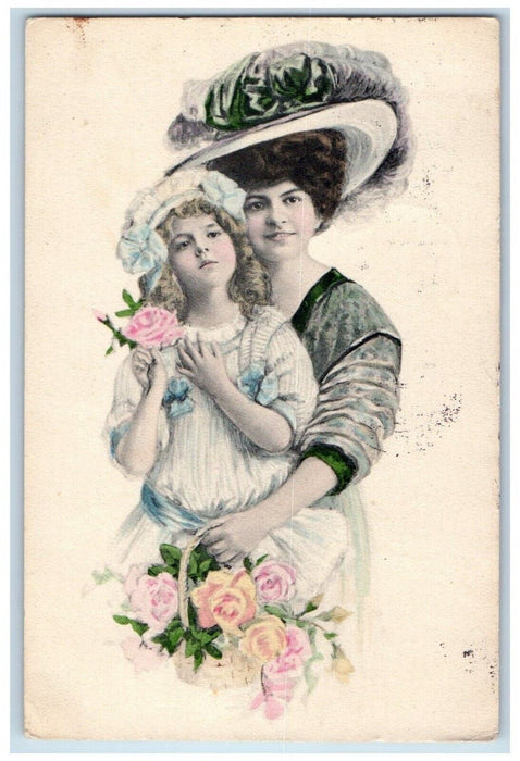 1909 Mother And Daughter Big Hat Flowers In Basket Posted Antique Postcard