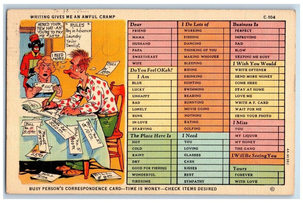 c1930's Writing Gives Me An Awful Cramp Correspondence Checklist Postcard