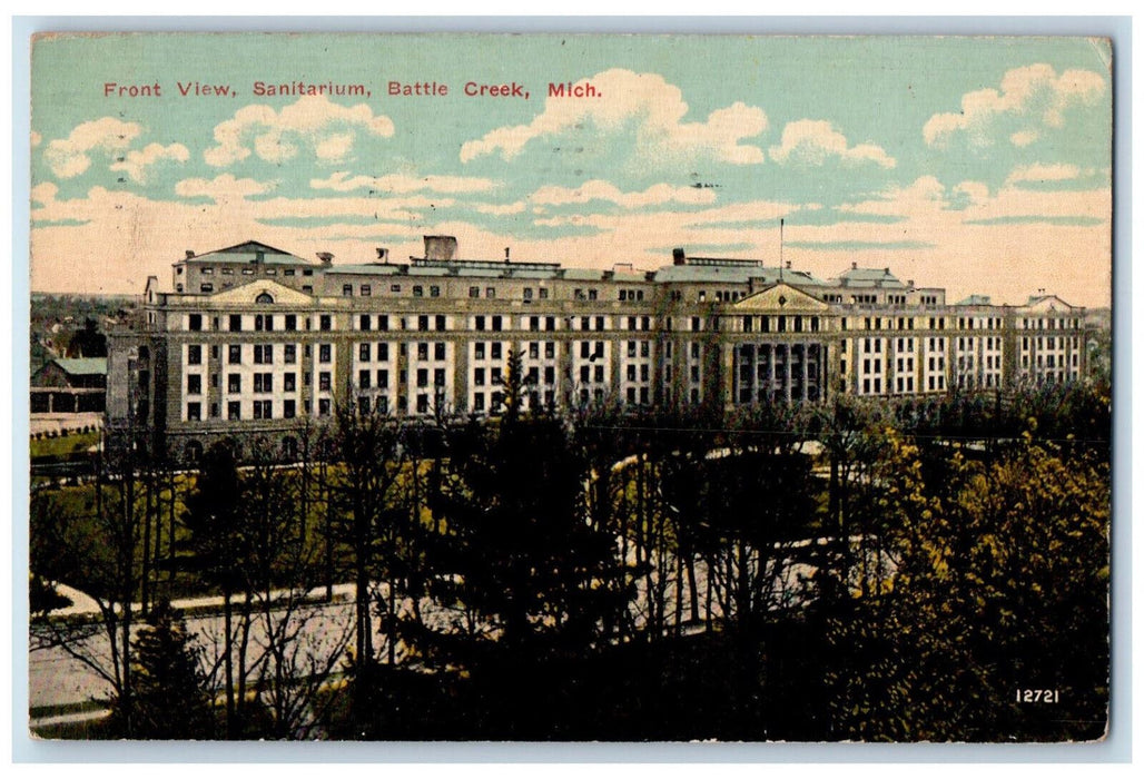 1913 Front View Sanitarium Battle Creek Michigan MI Posted Antique Postcard