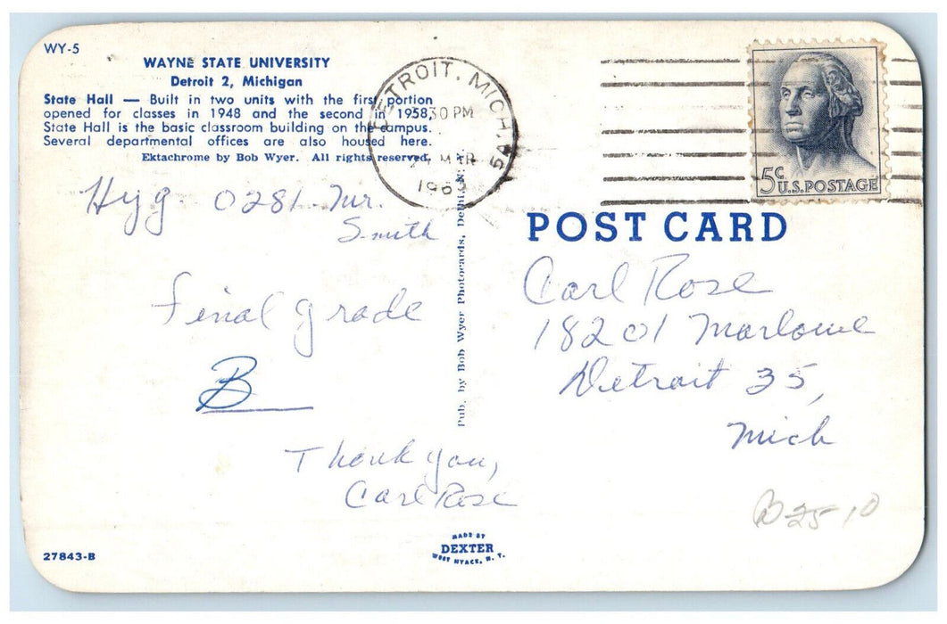 1963 Wayne State University Detroit 2 Michigan MI Posted Vintage Postcard