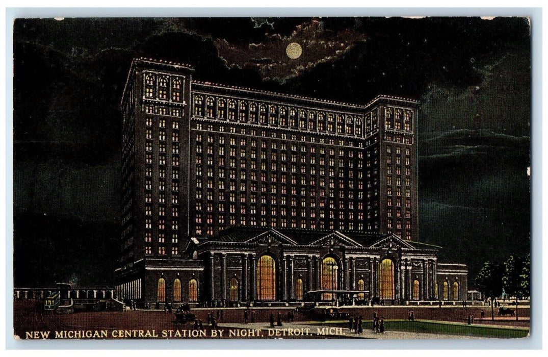 c1910 New Michigan Central Station By Night Detroit Michigan MI Postcard
