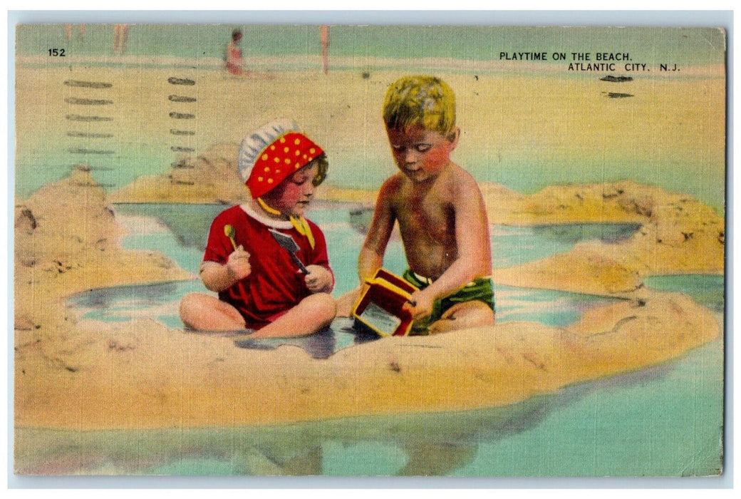 1939 Kids Playtime on the Beach Atlantic City New Jersey NJ Vintage Postcard