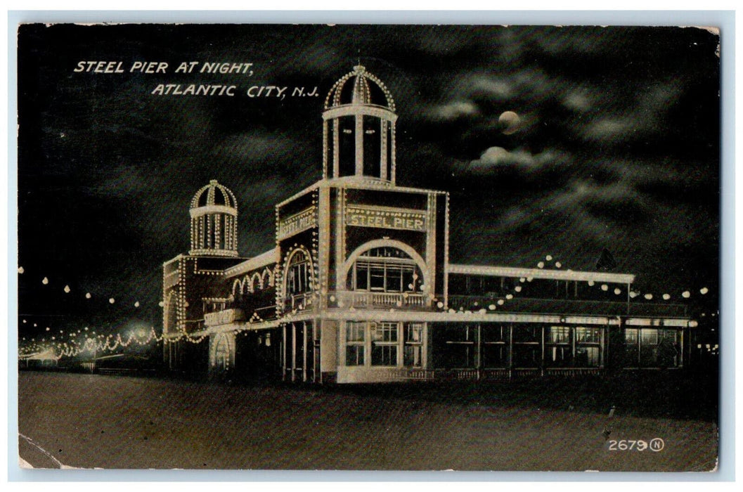 1913 Steel Pier at Night Atlantic City New Jersey NJ Antique Postcard