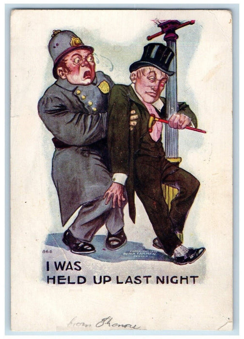 c1910's Drunk Man Drinking Caught Policemen I Was Held Up Last Night Postcard