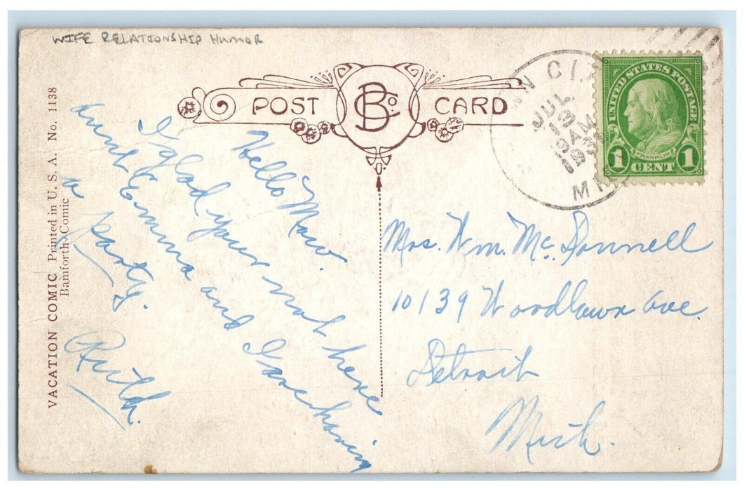 1931 Wife Relationship Humor Fat Man Pipe Cigarette Smoke Bamforth Postcard