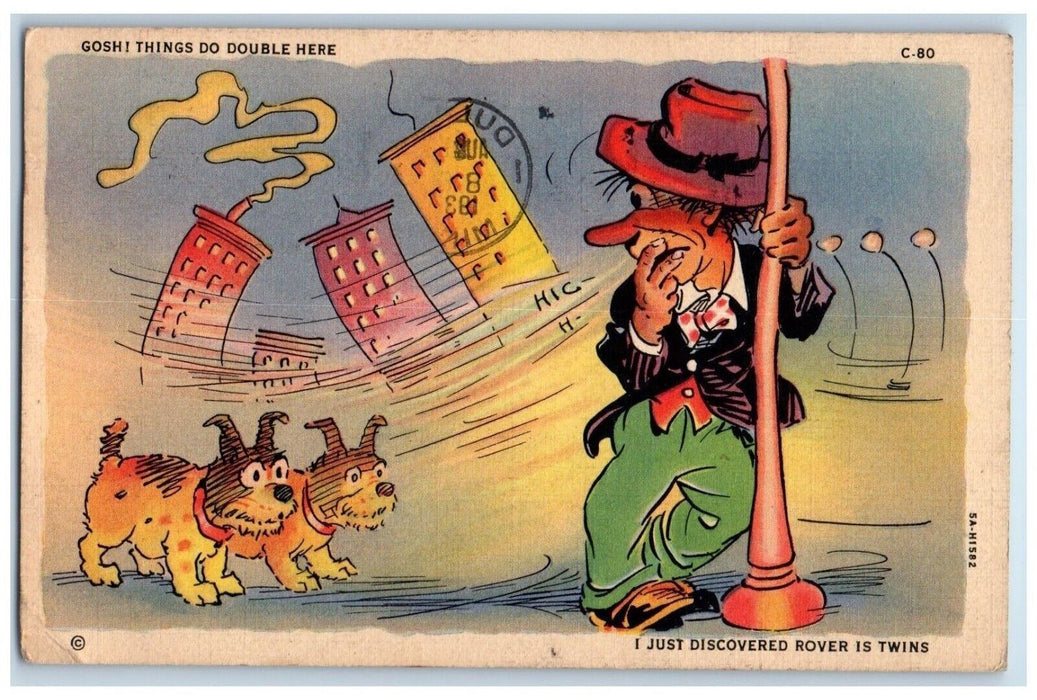 1936 Man Drunk Drinking Dizzy Dog Dual Vision Duluth Minnesota MN Postcard