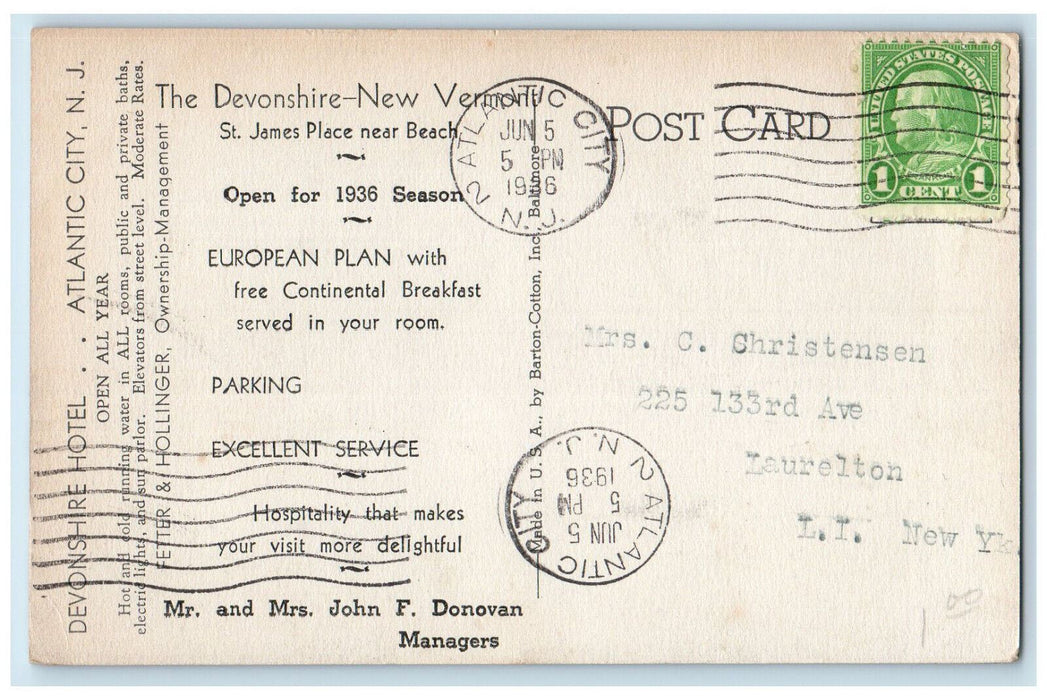 1936 Devonshire Hotel Atlantic City NJ Advertising Vintage Posted Postcard