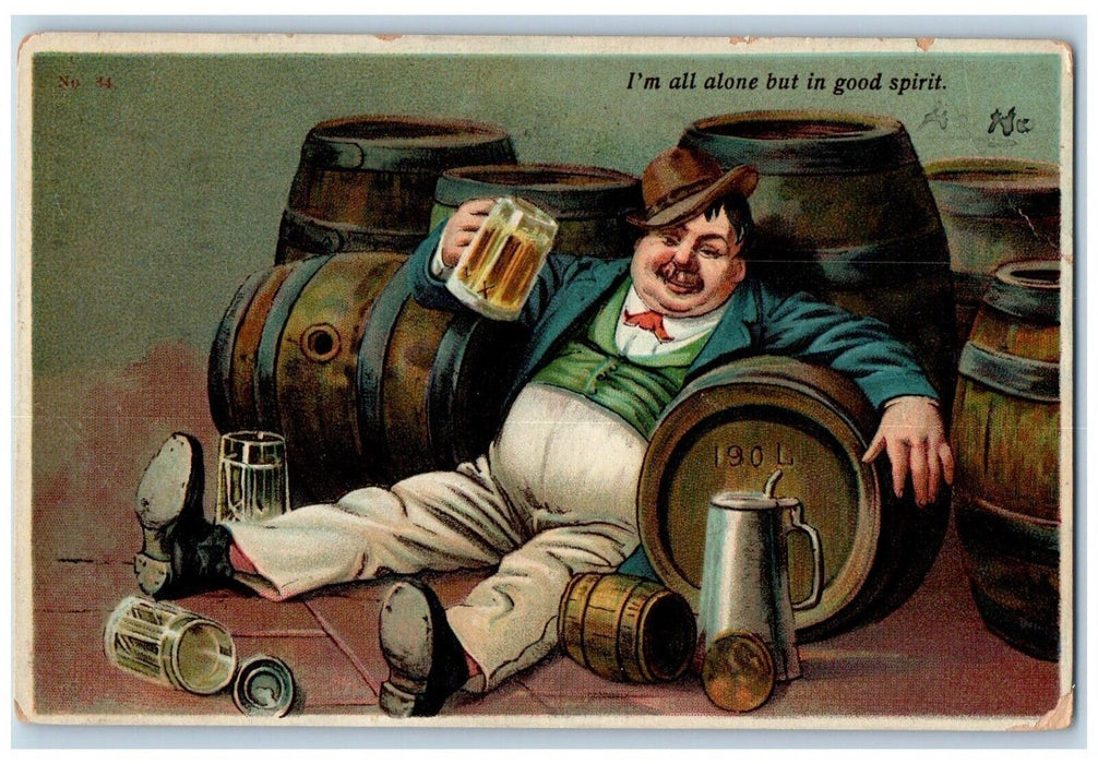 1912 Fat Man Drunk Drinking Beer Kegs Philadelphia PA Posted Antique Postcard
