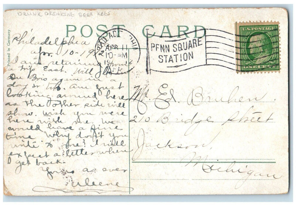 1912 Fat Man Drunk Drinking Beer Kegs Philadelphia PA Posted Antique Postcard