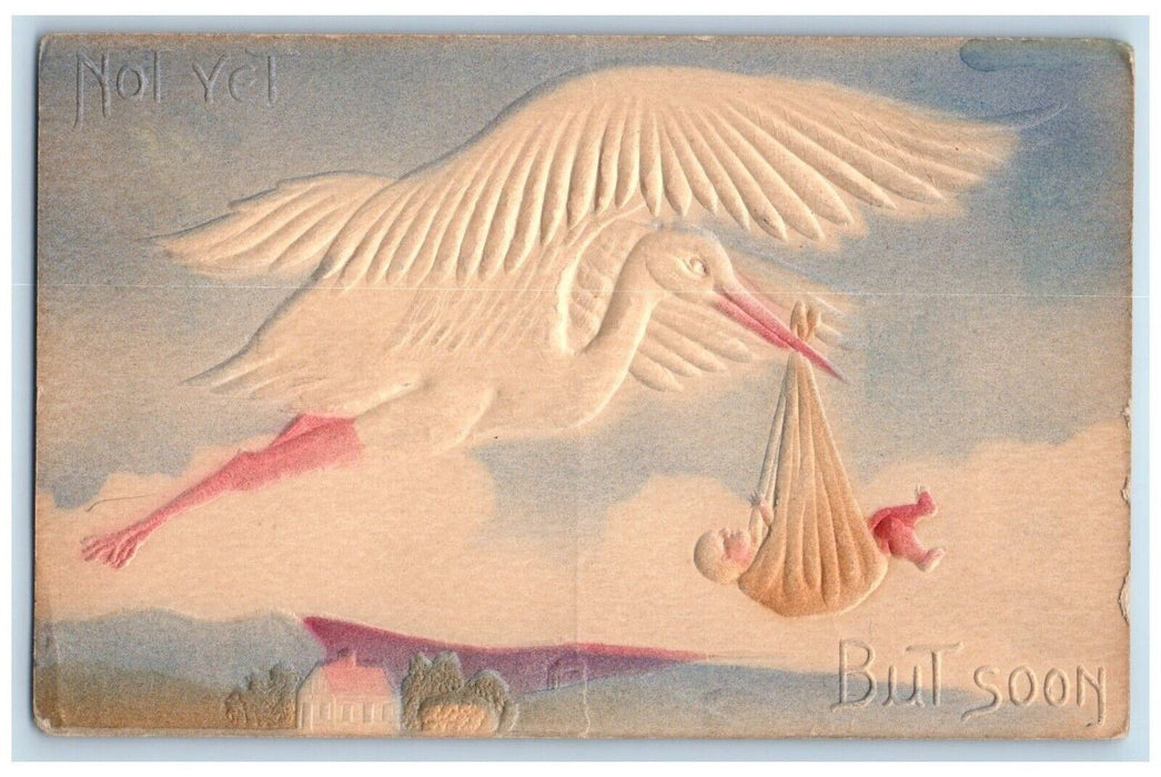 c1910's Stork Delivering Baby Airbrushed Embossed Unposted Antique Postcard