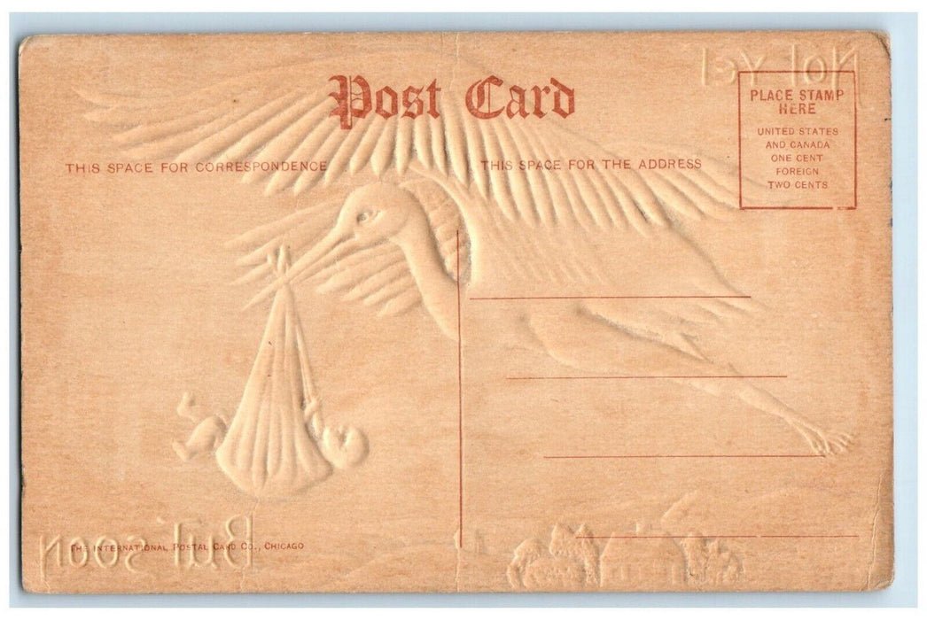 c1910's Stork Delivering Baby Airbrushed Embossed Unposted Antique Postcard